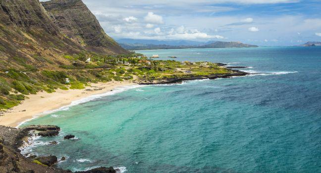 View of Makapuu Beach and the Koolau Mountains looking towards Waimanalo Bay on Oahu, Hawaii.