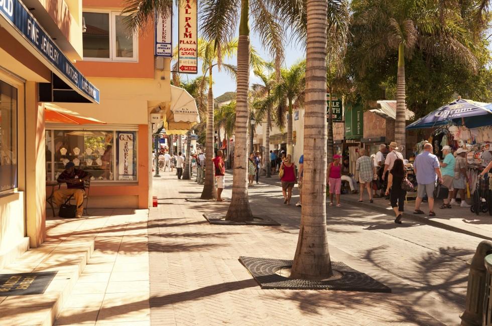 Front Street, a popular and crowded street for local merchants and visiting shoppers in Philipsburg, St. Maarten.