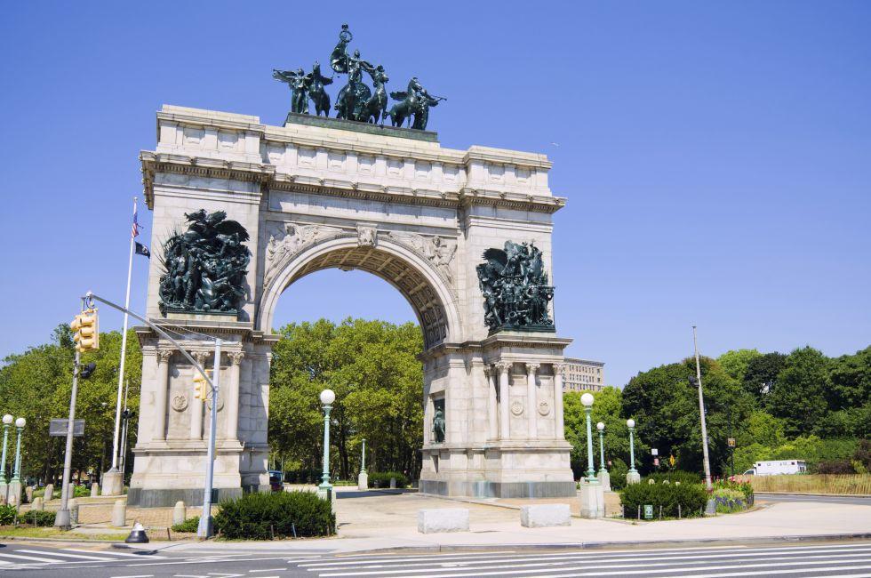 Soldiers' and Sailors' Arch at Grand Army Plaza in Brooklyn, dedicated on October 21, 1892 with an inscription that reads &quot;To the Defenders of the Union, 1861-1865.&quot;