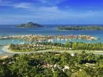 Aerial view on the coastline of the Seychelles Islands and luxury Eden Island from Victoria viewpoint, Mahe