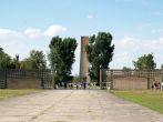 Sachsenhausen-Oranienburg concentration camp with barracks and Soviet Liberation Memorial on the background, Germany.