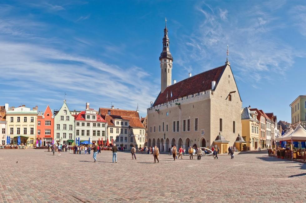 Medieval Town Hall and Town Hall Square of Tallinn, the capital of Estonia. Stitched Panorama;  
