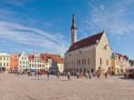 Medieval Town Hall and Town Hall Square of Tallinn, the capital of Estonia. Stitched Panorama;  