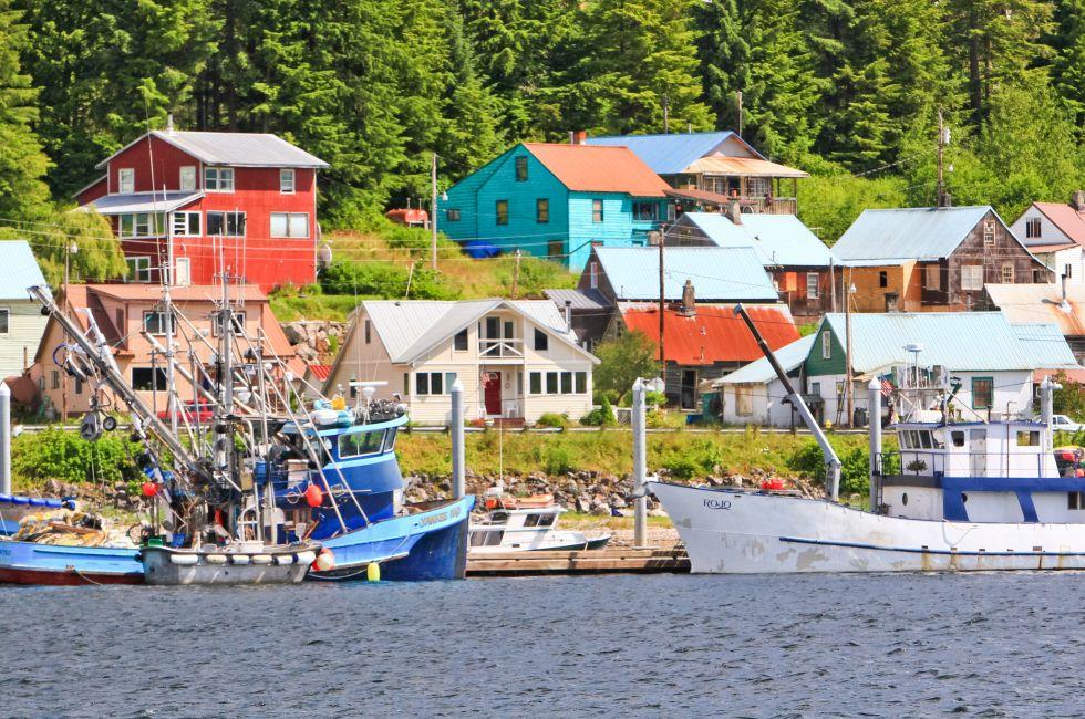 Fishing boats tied up along the waterfront of the town of Hoonah, Alaska on Chichagof Island. Hoonah is the largest native Tlingit community in the Pacific Northwest, and a growing summer cruise ship destination thanks to nearby Icy Strait Point.