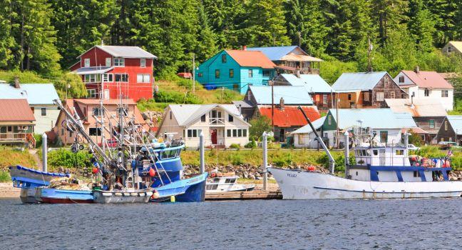 Fishing boats tied up along the waterfront of the town of Hoonah, Alaska on Chichagof Island. Hoonah is the largest native Tlingit community in the Pacific Northwest, and a growing summer cruise ship destination thanks to nearby Icy Strait Point.