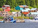 Fishing boats tied up along the waterfront of the town of Hoonah, Alaska on Chichagof Island. Hoonah is the largest native Tlingit community in the Pacific Northwest, and a growing summer cruise ship destination thanks to nearby Icy Strait Point.