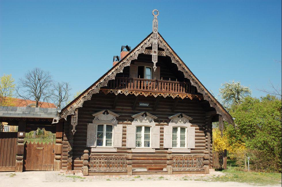 Exterior of traditional wooden Russian house in colony of Alexandrowka, Potsdam, Germany.