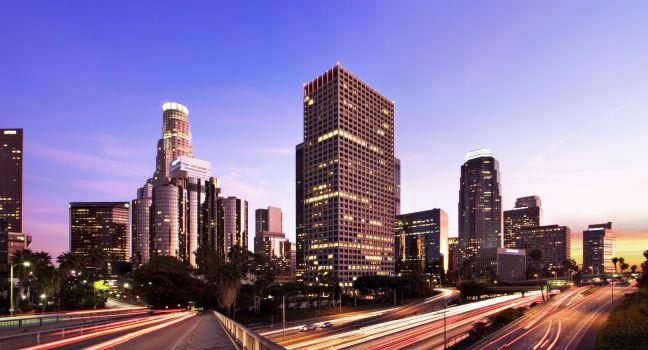 Los Angeles during rush hour at sunset