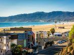 View of Pacific Coast Highway and the Santa Monica Mountains from Palisades Park, in Santa Monica, California.