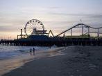 Santa Monica Beach, Santa Monica, CA May 3, 2008:  Horizontal image of the Santa Monica Pier with the prominent Ferris wheel and other thrill rides taken at dusk.; Shutterstock ID 12394999; Project/Title: Best Sunsets in America; Downloader: Melanie Marin