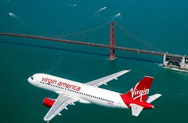 Virgin Plane flying over the Golden Gate Bridge