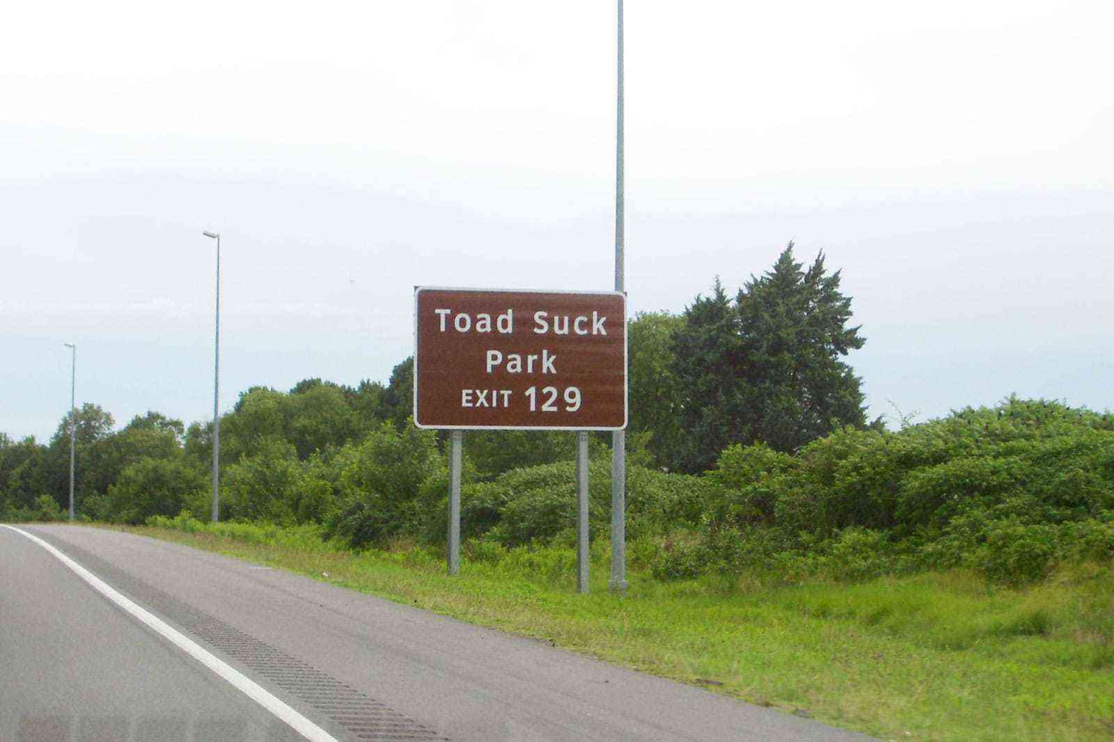 Sign near Conway, Arkansas on Interstate 40 for Toad Suck Park. 
