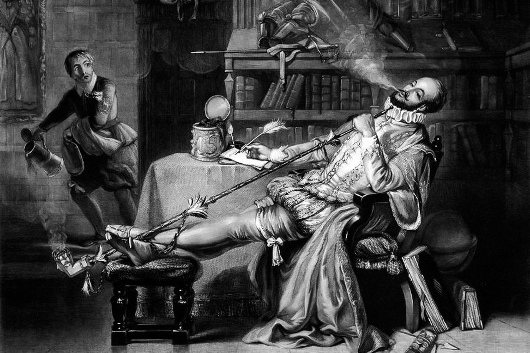 09_MindAlteringDrugCulture__Tobacco_9.) Raleigh's_first_pipe_in_England