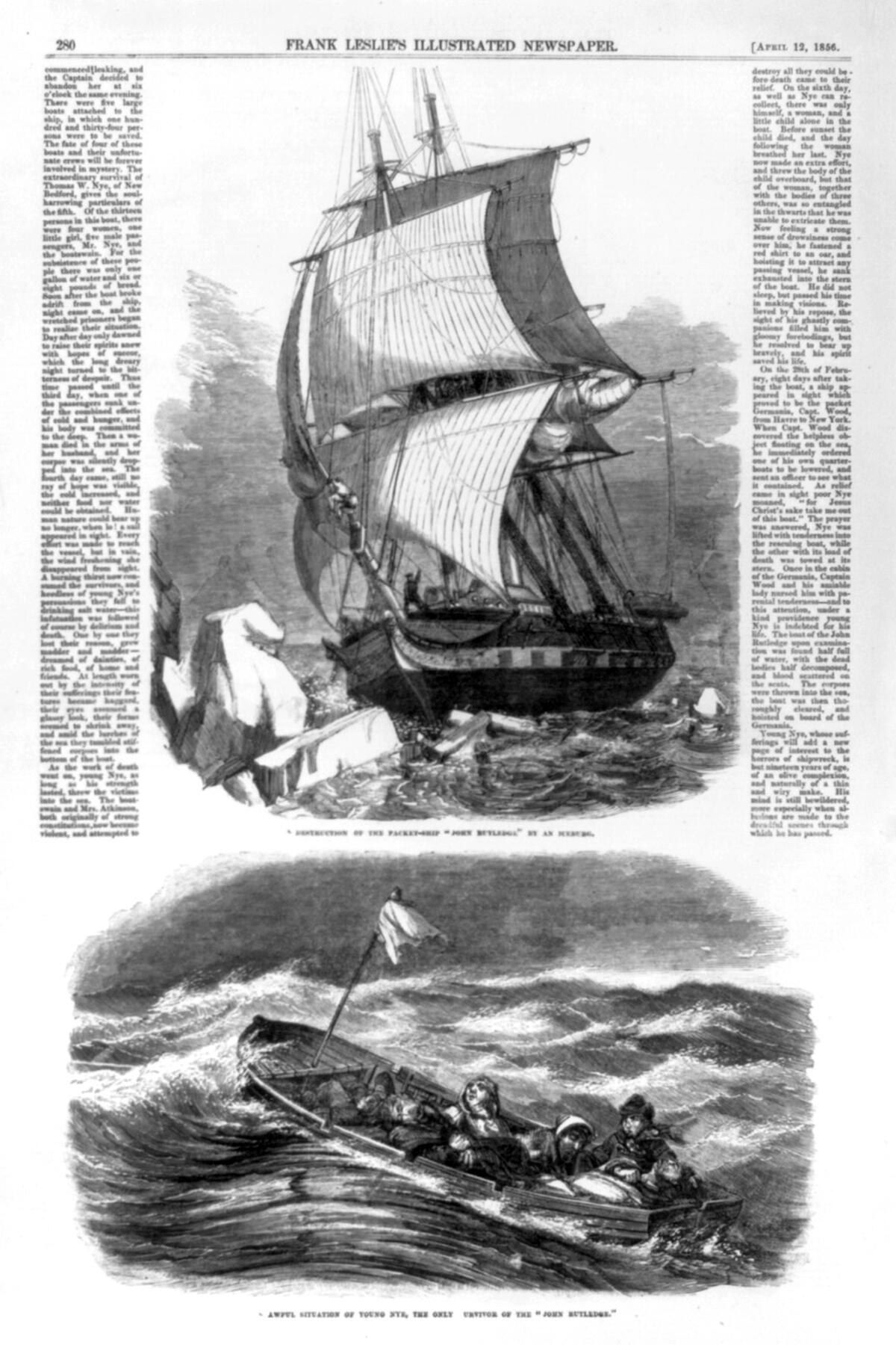 03_ShipwreckSurvivors__ThomasNye_3.) Destruction_of_the_packet-ship_John_Rutledge_by_an_iceburg,_Feb._20,_1856_The_only_survivor,_Thomas_W._Nye,_of_New_Bedford_(with_others_in_lifeboat)